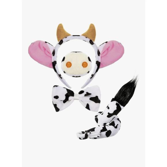 4 Pcs Animal Cow Costume Set Cow Ears Horns Headband Nose Bow Tie and Tail Kit - Picture 1 of 7